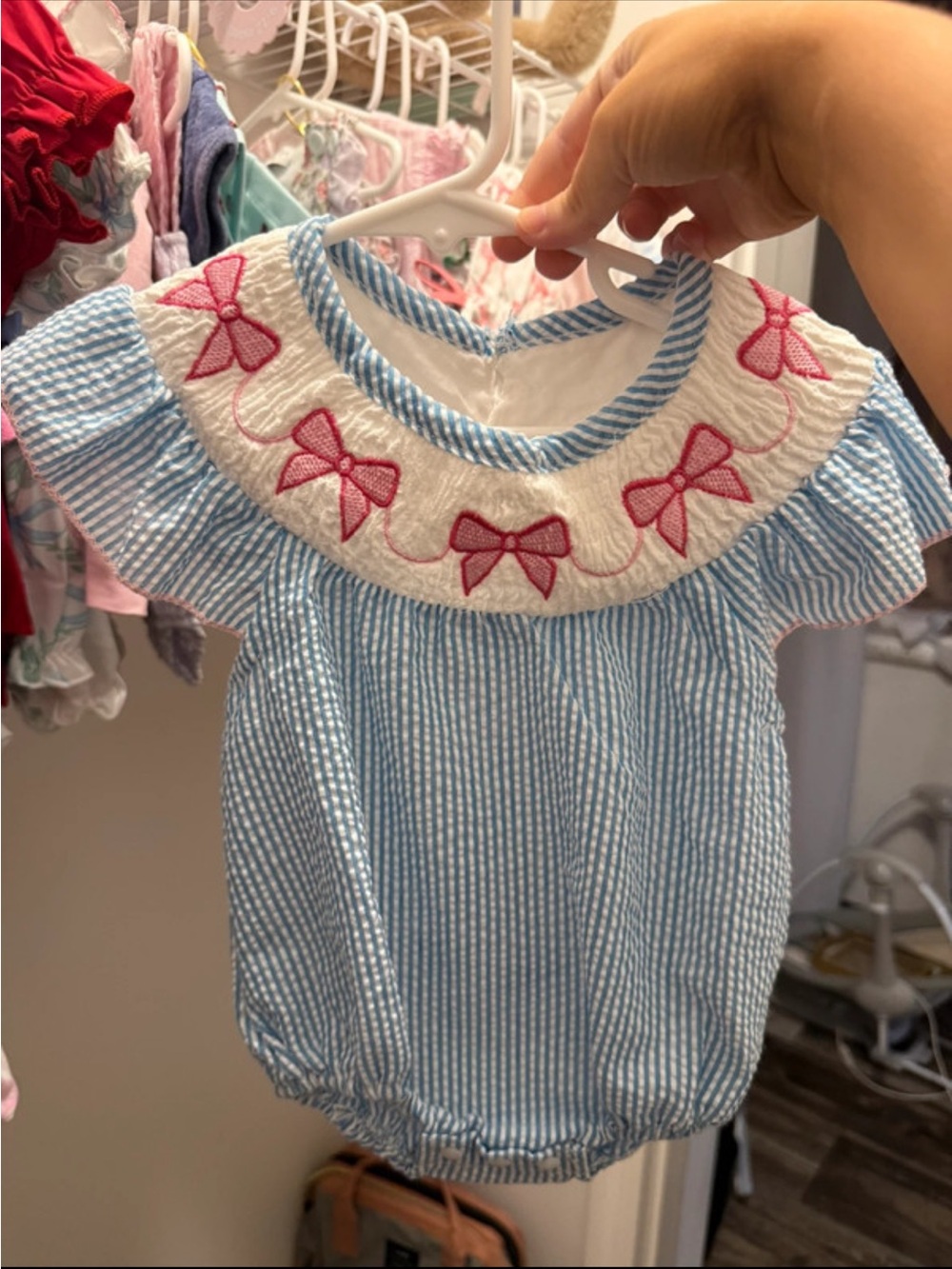 Blue Seersucker One-Piece Baby Bubble with Pink Bow Smocking